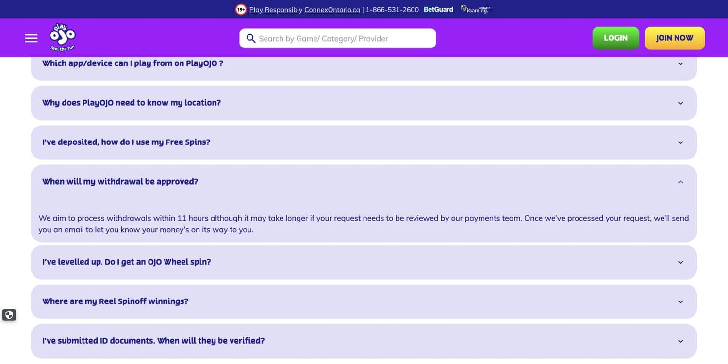 PlayOJO Ontario help states an 11-hour withdrawal processing target with a review exception PlayOJO Ontario help states an 11-hour withdrawal processing target with a review exception