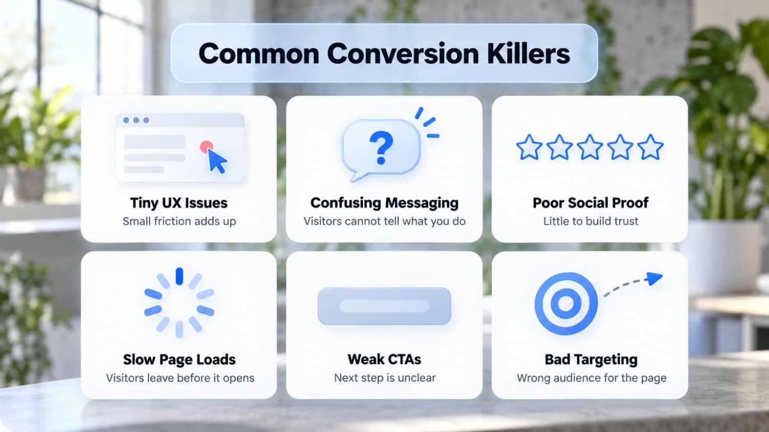 Six leaks an expert spots quickly Common Conversion Killers: tiny UX issues, confusing messaging, poor social proof, slow page loads, weak calls to action and bad audience targeting