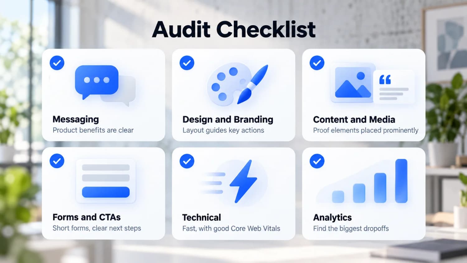 Six areas to check on every page Audit Checklist: messaging, design and branding, content and media, forms and CTAs, technical speed and analytics, six areas to check on every page