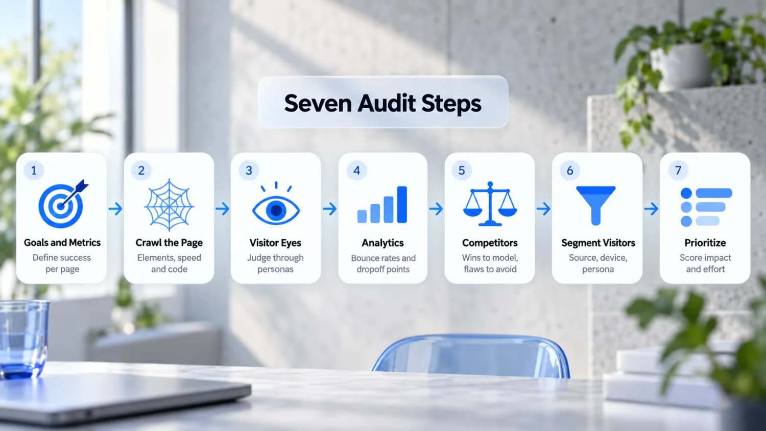 The seven steps of a landing page audit Seven Audit Steps: goals and metrics, crawl the page, visitor eyes, analytics, competitors, segment visitors and prioritize by impact and effort