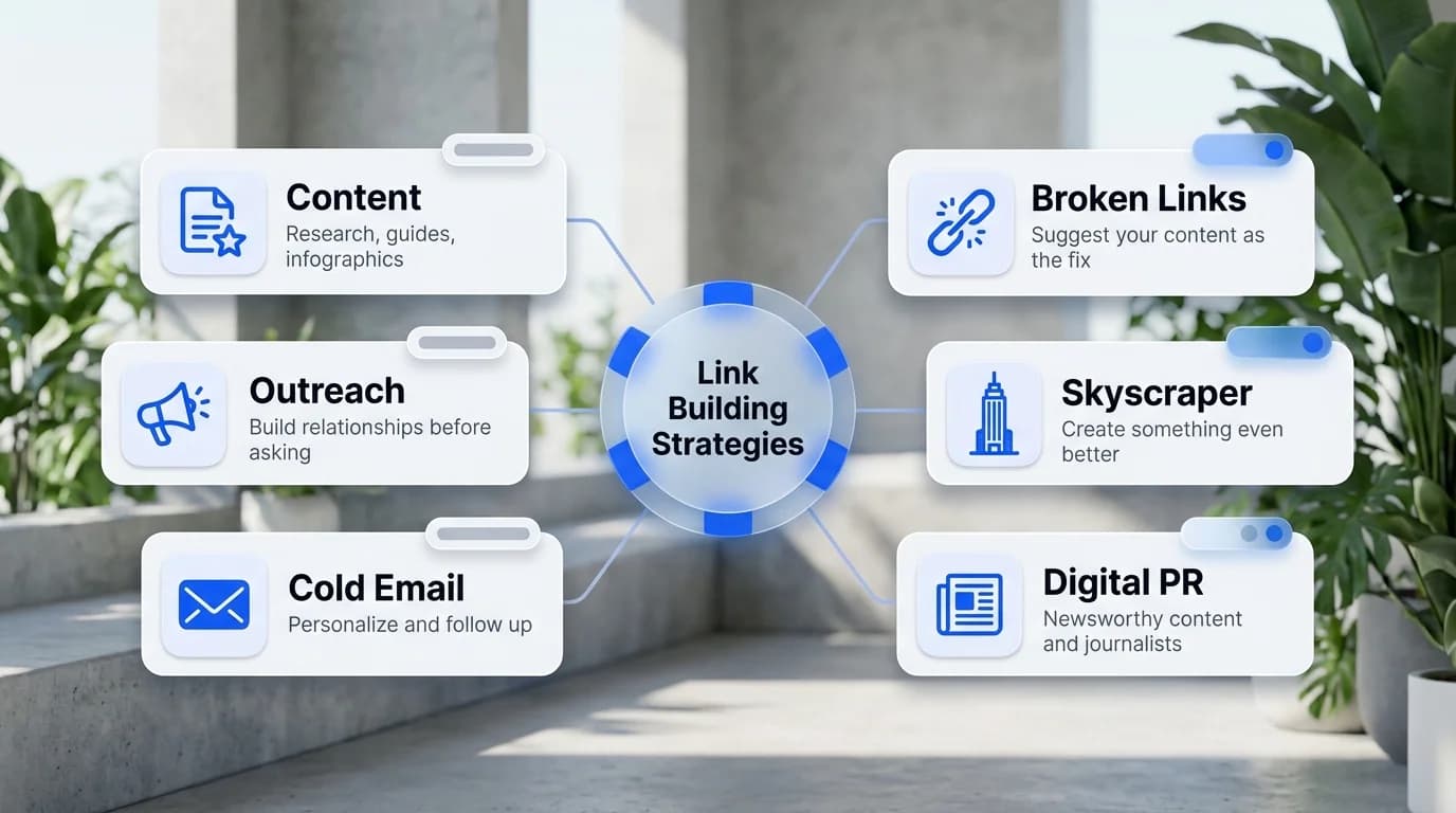 Six strategies beyond the first easy links Link Building Strategies: content, outreach, cold email, broken links, the skyscraper technique and digital PR, each with a one-line way to use it