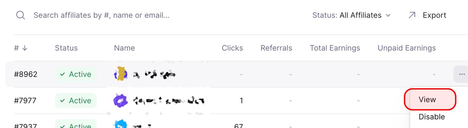 Click on the affiliate Overview of affiliates