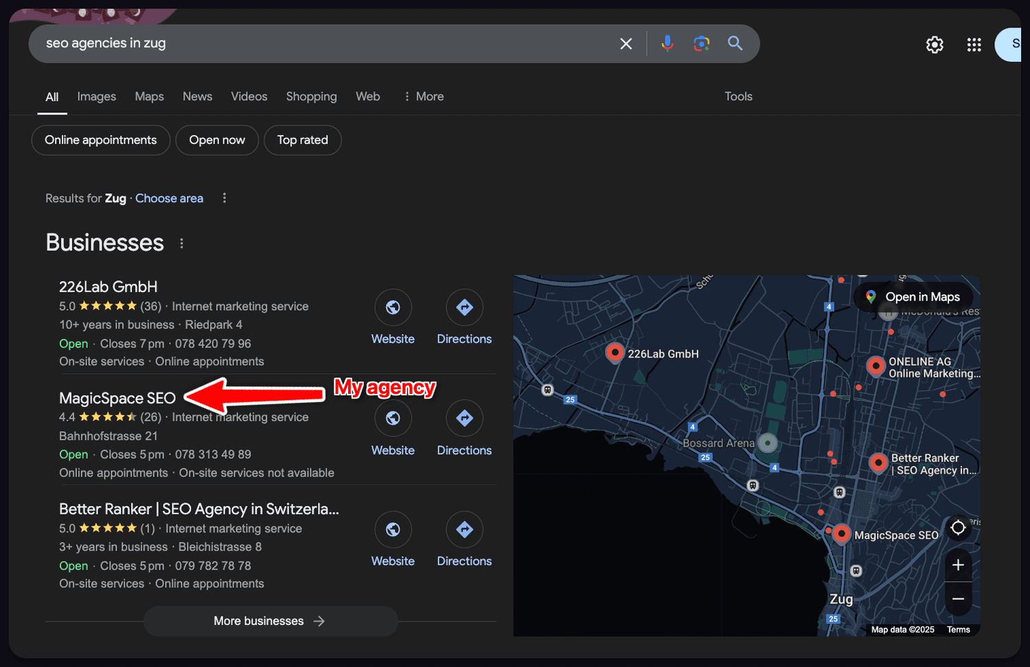 Local SEO results showing businesses in Zug, Switzerland on Google Maps SEO agencies and digital marketing companies in Zug Switzerland shown on Google Maps with local business listings and street navigation