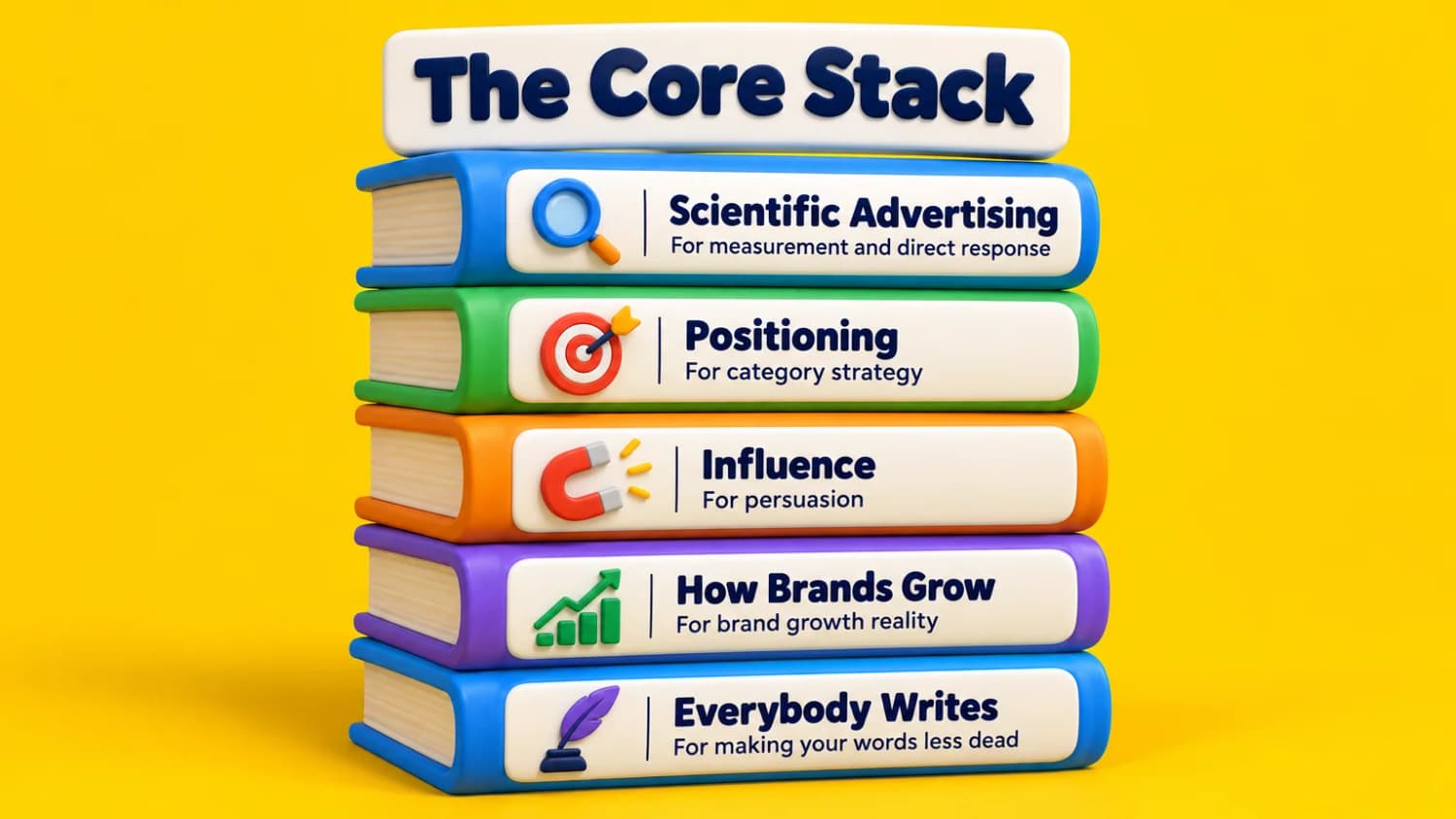 Read these five first The core stack of five marketing books: Scientific Advertising, Positioning, Influence, How Brands Grow and Everybody Writes, with what each is for.