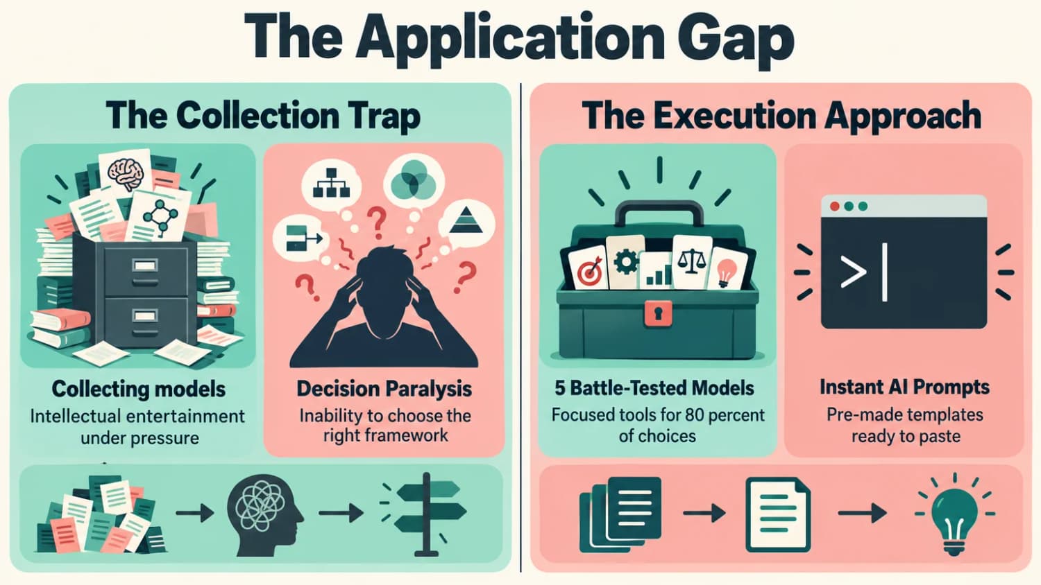 Collecting models is not using them The application gap: collecting models and decision paralysis on one side, five battle-tested models and instant AI prompts on the other.