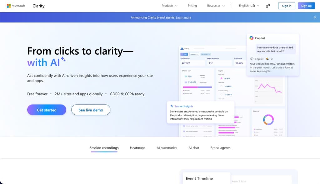 Microsoft Clarity homepage showing AI-powered session recordings and heatmaps Microsoft Clarity homepage showing AI-powered session recordings and heatmaps
