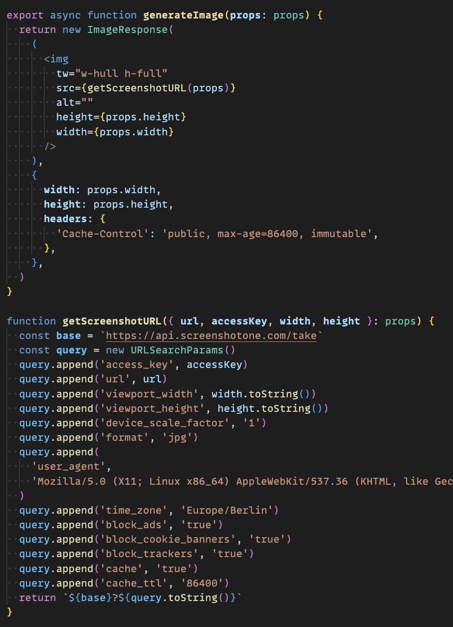 Source code with vercel/og in Next.js using ScreenshotOne's Screenshot API Source code with vercel/og in Next.js using ScreenshotOne's Screenshot API