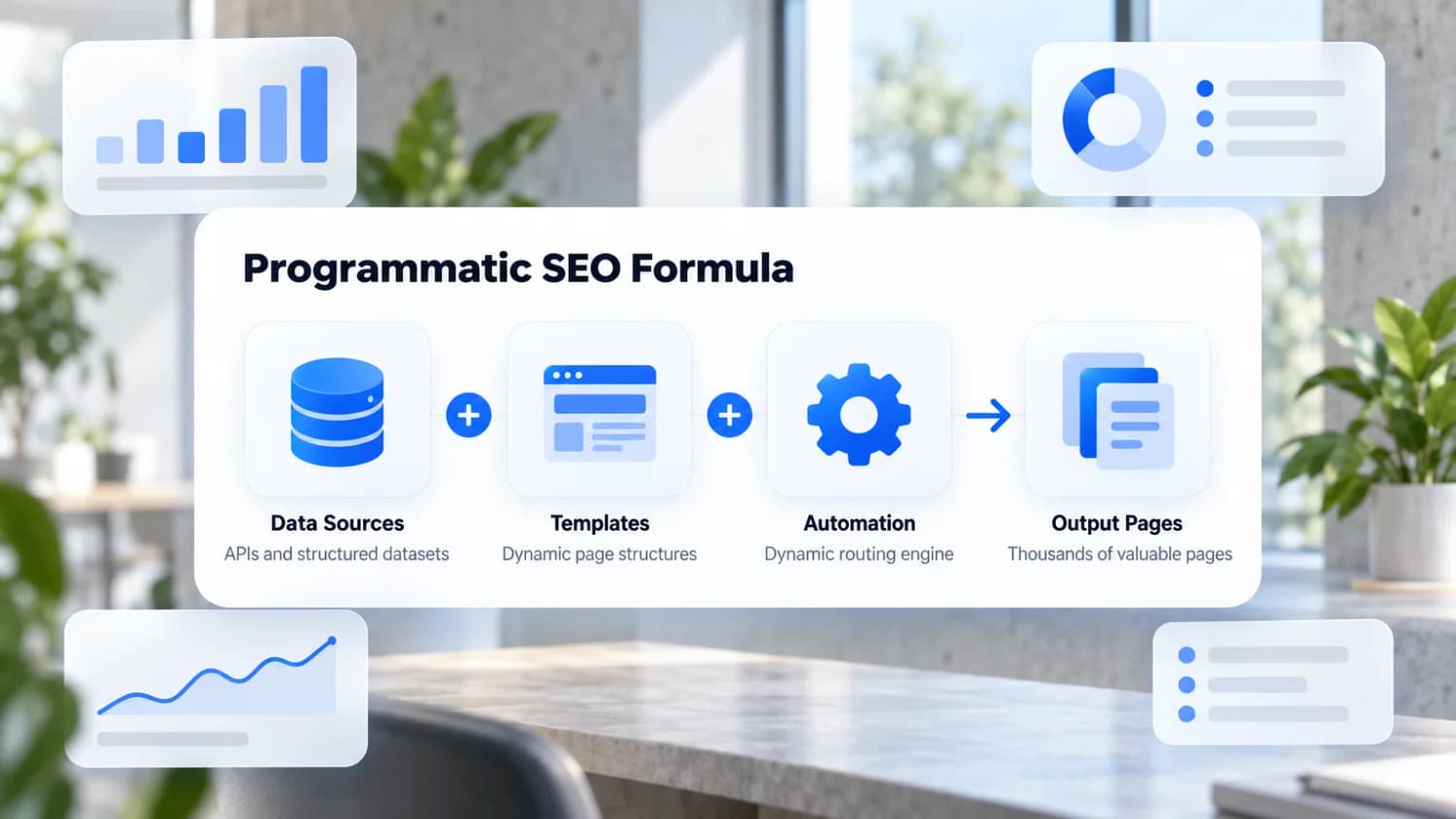 Data, templates and automation make the pages Programmatic SEO formula: data sources plus templates plus automation produce thousands of output pages.