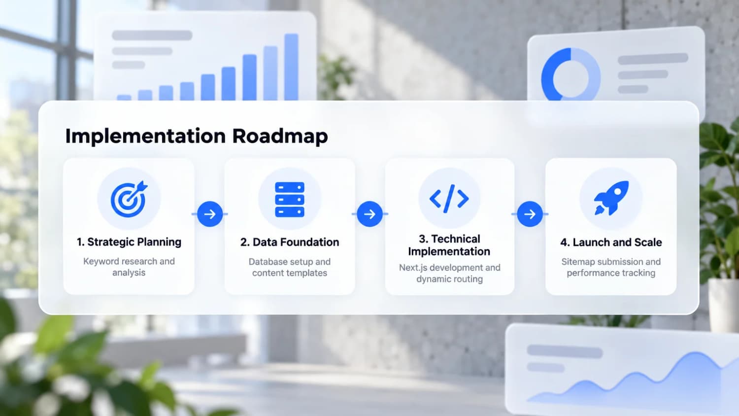 Four stages from keyword research to launch Programmatic SEO implementation roadmap: strategic planning, data foundation, technical implementation in Next.js, then launch and scale.