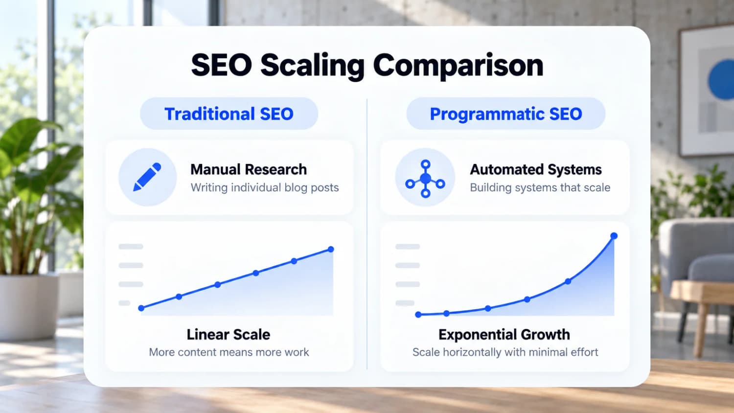 Linear effort against a system that scales SEO Scaling Comparison: Traditional SEO uses manual research and linear scale, while Programmatic SEO uses automated systems and exponential growth.