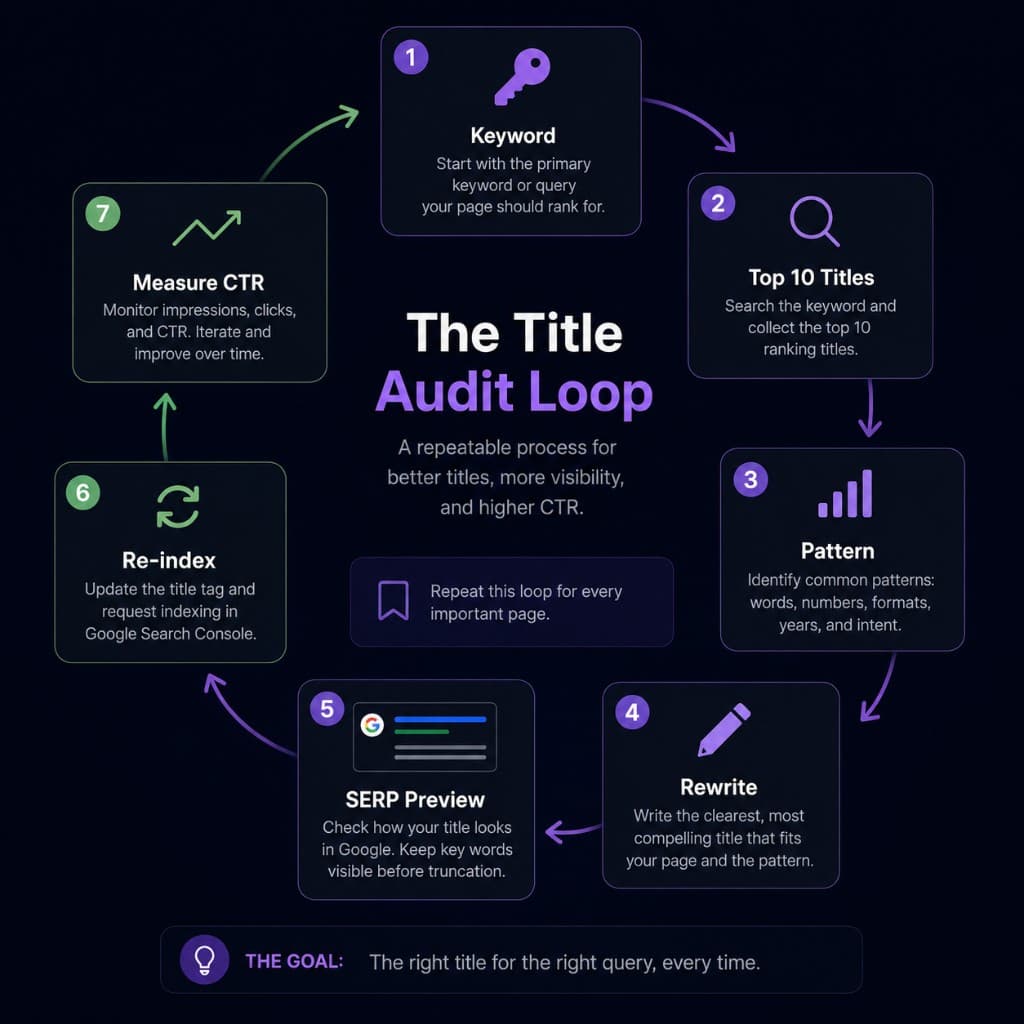 Title audit loop showing keyword, top 10 titles, pattern, rewrite, SERP preview, re-index, and measure CTR Title audit loop showing keyword, top 10 titles, pattern, rewrite, SERP preview, re-index, and measure CTR