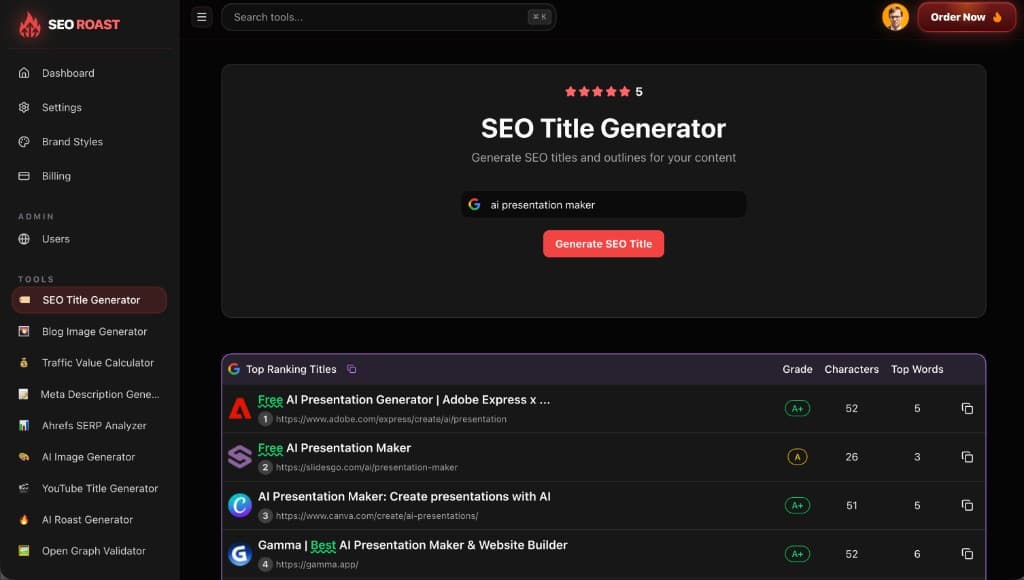 SEO Roast SEO Title Generator interface with a keyword input and top-ranking title analysis SEO Roast SEO Title Generator interface with a keyword input and top-ranking title analysis