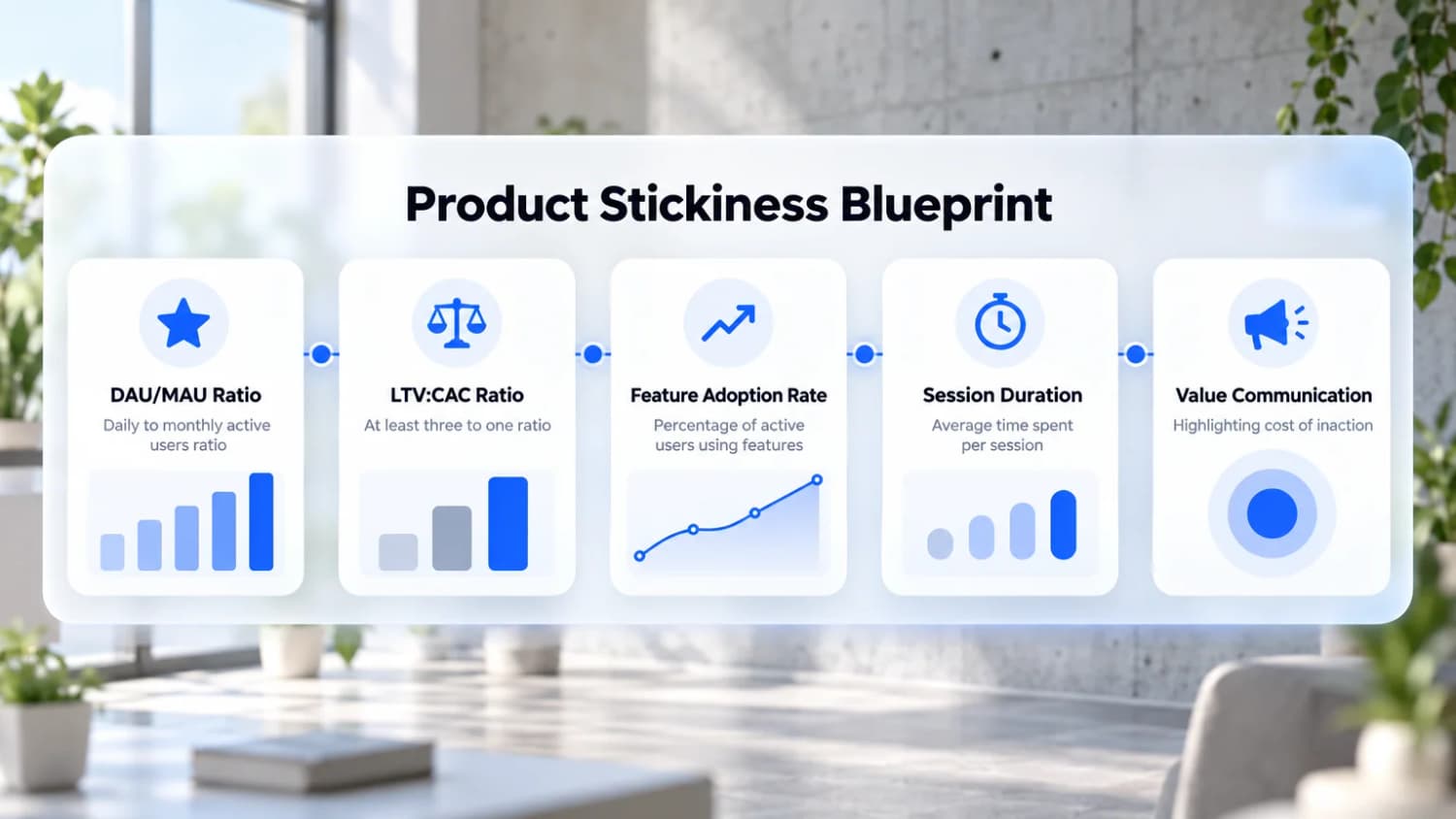 Five numbers that show stickiness Product Stickiness Blueprint: DAU/MAU Ratio, LTV:CAC Ratio, Feature Adoption Rate, Session Duration, and Value Communication.