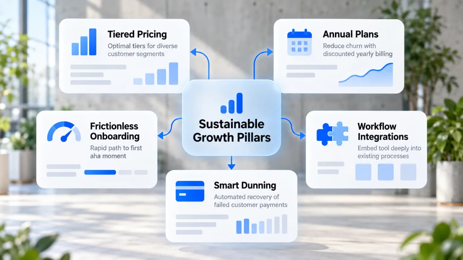 Five ways to keep low-cost customers Sustainable Growth Pillars: Tiered Pricing, Annual Plans, Frictionless Onboarding, Workflow Integrations, and Smart Dunning.