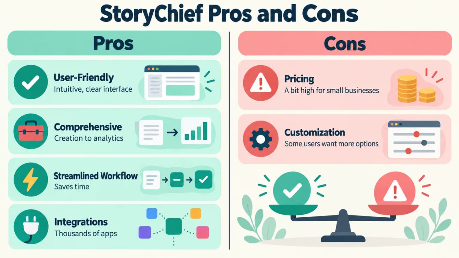 Four strengths against two drawbacks StoryChief Pros and Cons: user-friendly, comprehensive, streamlined and well integrated, but pricey for small businesses and limited in customization