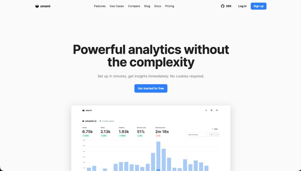 Umami homepage showing powerful analytics without the complexity Umami homepage showing powerful analytics without the complexity