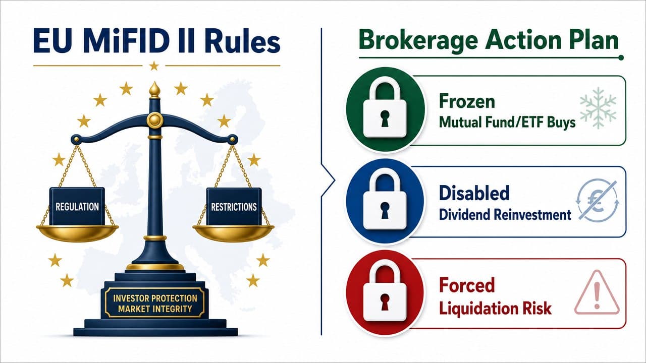 Graphic depicting brokerage restrictions for US accounts mapped to foreign addresses, showing frozen funds and liquidation risk. Graphic depicting brokerage restrictions for US accounts mapped to foreign addresses, showing frozen funds and liquidation risk.