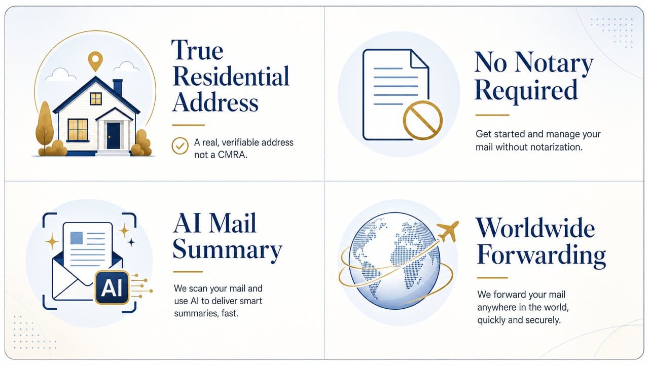 Infographic showing features of Cloud Residents, including true residential address, no notary required, AI summaries, and forwarding. Infographic showing features of Cloud Residents, including true residential address, no notary required, AI summaries, and forwarding.