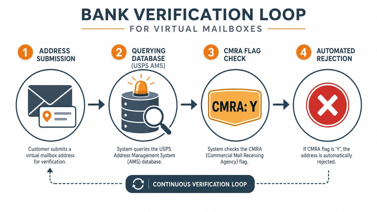 Flowchart showing how banks query the USPS database to automatically reject CMRA virtual mailbox addresses. Flowchart showing how banks query the USPS database to automatically reject CMRA virtual mailbox addresses.
