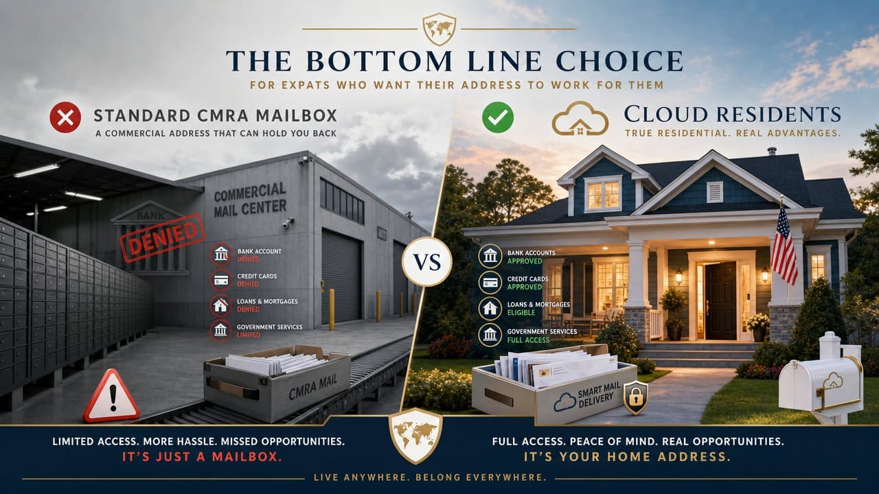 Visual comparison of a standard CMRA warehouse mailbox with red flags versus a true residential home address with green checkmarks. Visual comparison of a standard CMRA warehouse mailbox with red flags versus a true residential home address with green checkmarks.
