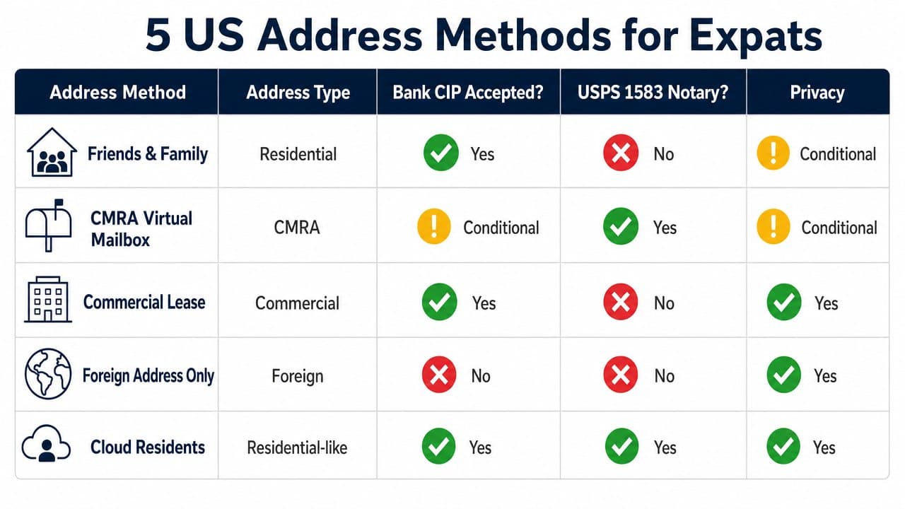 Expat US address solutions comparison table covering compliance, privacy, and costs across five different options. Expat US address solutions comparison table covering compliance, privacy, and costs across five different options.
