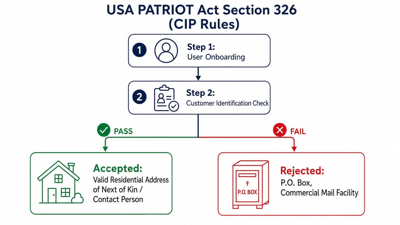 Flowchart showing PATRIOT Act compliance pathways for physical residential address checks versus commercial PO boxes. Flowchart showing PATRIOT Act compliance pathways for physical residential address checks versus commercial PO boxes.