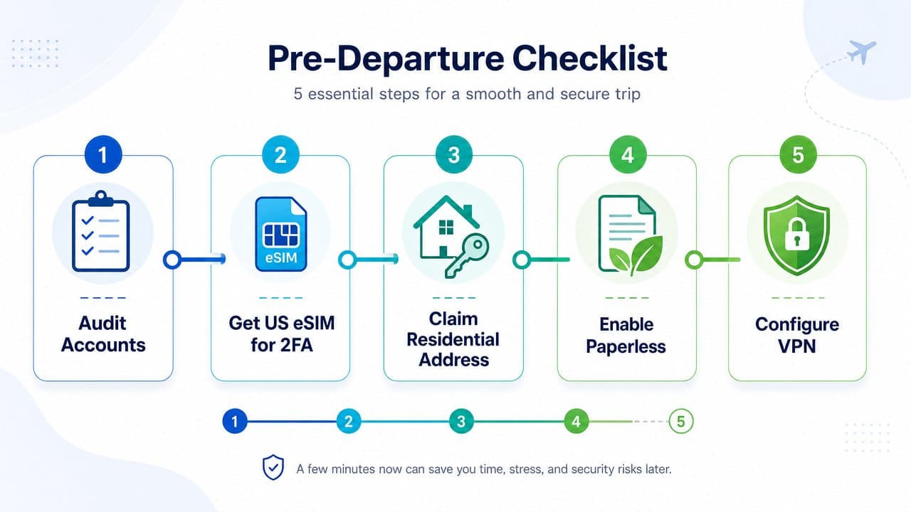 A 5-step checklist timeline outlining steps to prepare US banking, addresses, 2FA numbers, and VPN before moving abroad. A 5-step checklist timeline outlining steps to prepare US banking, addresses, 2FA numbers, and VPN before moving abroad.