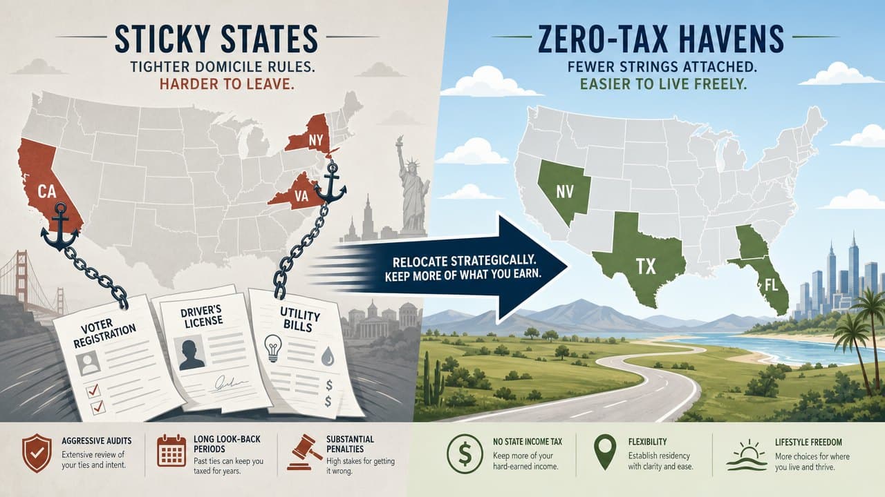Illustration comparing sticky states like California and New York holding tax residency ties to zero-tax states. Illustration comparing sticky states like California and New York holding tax residency ties to zero-tax states.