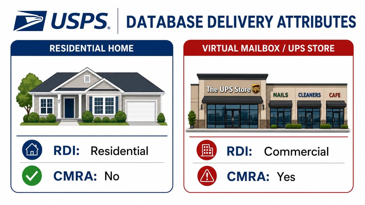 Comparison showing how USPS classifies residential houses as CMRA-No and commercial virtual mailboxes as CMRA-Yes. Comparison showing how USPS classifies residential houses as CMRA-No and commercial virtual mailboxes as CMRA-Yes.
