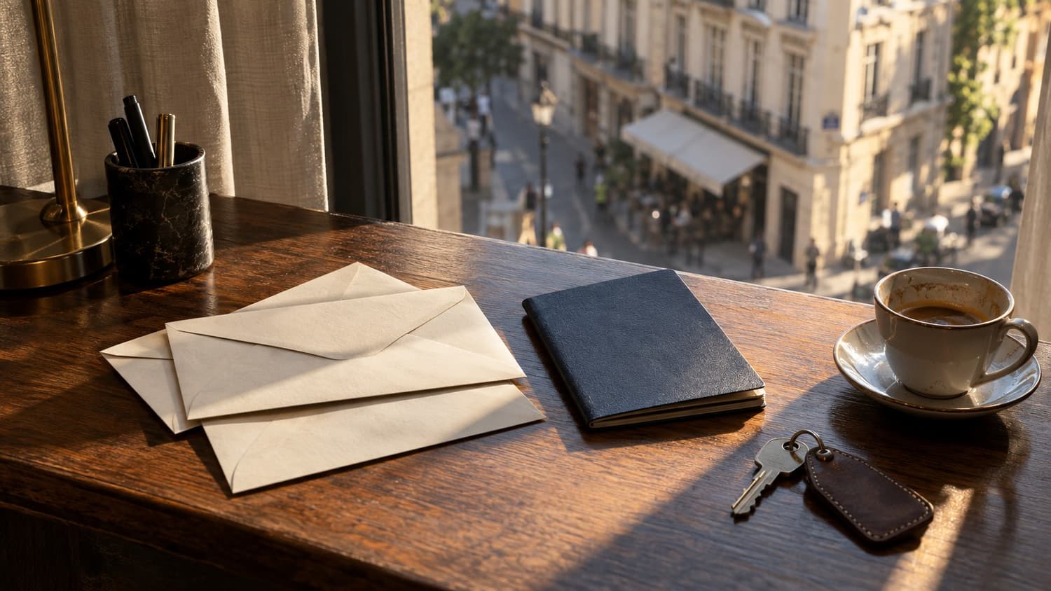 Hotel desk abroad with blank envelopes, a closed notebook, a house key, and coffee overlooking a European street Hotel desk abroad with blank envelopes, a closed notebook, a house key, and coffee overlooking a European street