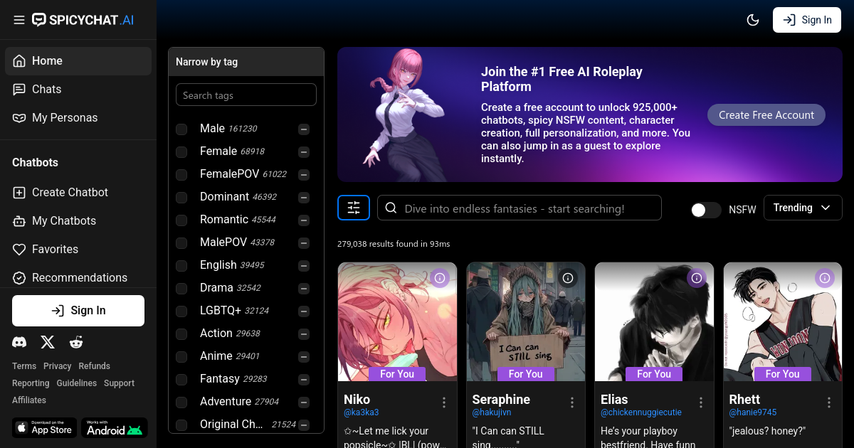 Screenshot of spicychat.ai