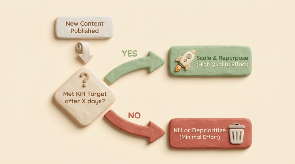 Flowchart of a content decision model. A published piece is evaluated against KPIs. If it wins, it gets scaled. If it loses, it gets deprioritized.