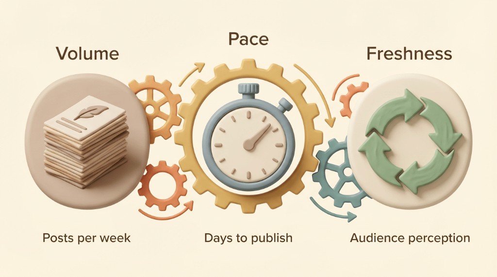 The three dimensions of content velocity: Volume (stack of papers icon), Pace (stopwatch icon), and Freshness (refresh icon), shown as interconnected gears.