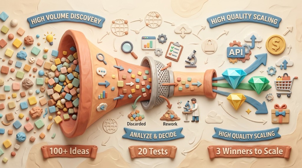 A funnel showing the content velocity process: many ideas enter the top for high-volume discovery, they are filtered, and a few high-quality winners emerge at the bottom for scaling.