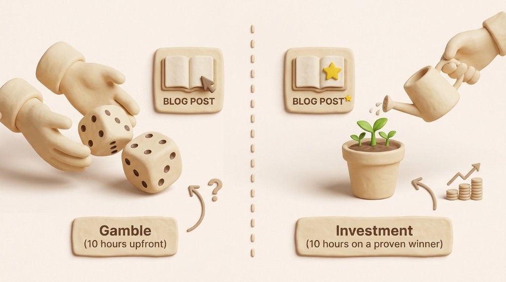 Visual metaphor comparing content effort. A gamble is rolling dice on a new post. An investment is watering a post that has already started to show positive results.