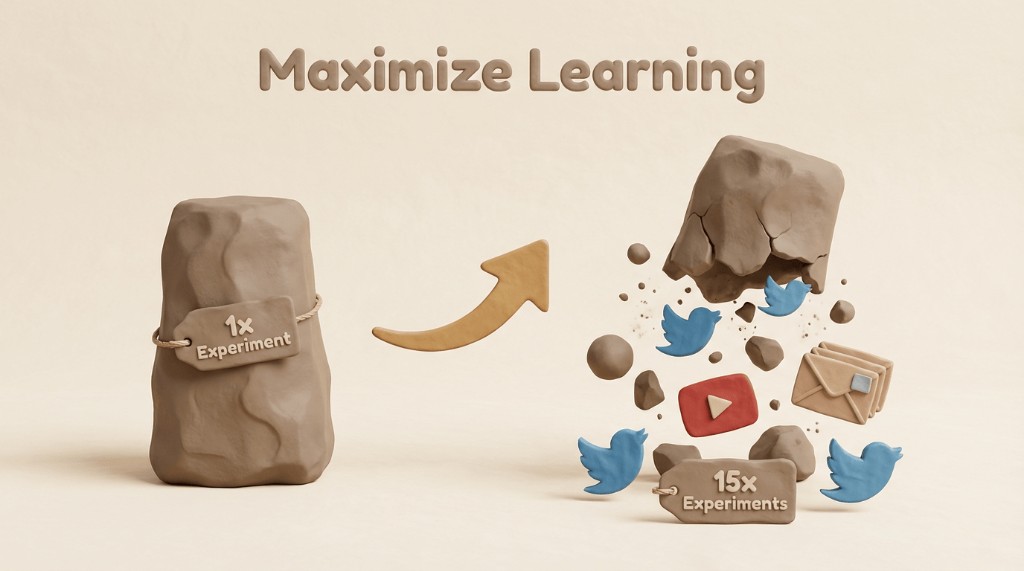 Illustration showing one large pillar post (1x experiment) being broken down into many smaller pieces of content like tweets and videos (15x experiments).