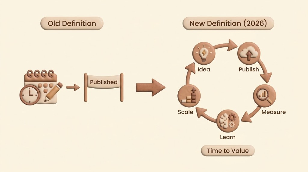 Diagram showing the old definition of content velocity as a linear path to 'published', contrasted with the new definition as a learning loop of 'publish, measure, learn, scale'.