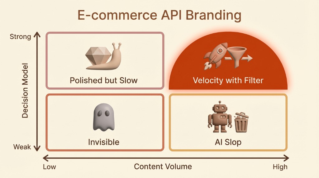 2x2 matrix of content strategy. Y-axis: Decision Model (Weak/Strong). X-axis: Content Volume (Low/High). The winning top-right quadrant is 'Velocity with Filter' (High Volume, Strong Model).