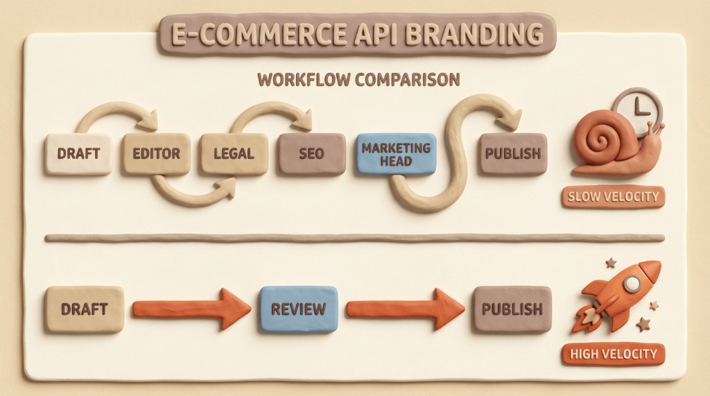 Comparison of a slow content workflow with many approval steps versus a fast workflow with few steps, symbolized by a snail and a rocket.