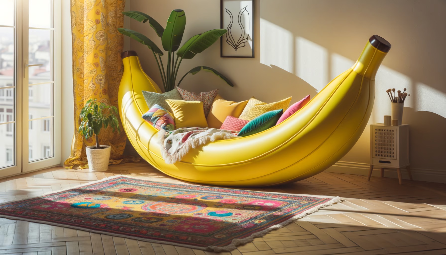 Dall-e 3: A vibrant yellow banana-shaped couch sits in a cozy living room, its curve cradling a pile of colorful cushions. On the wooden floor, a patterned rug adds a touch of eclectic charm, and a potted plant sits in the corner, reaching towards the sunlight filtering through the window.