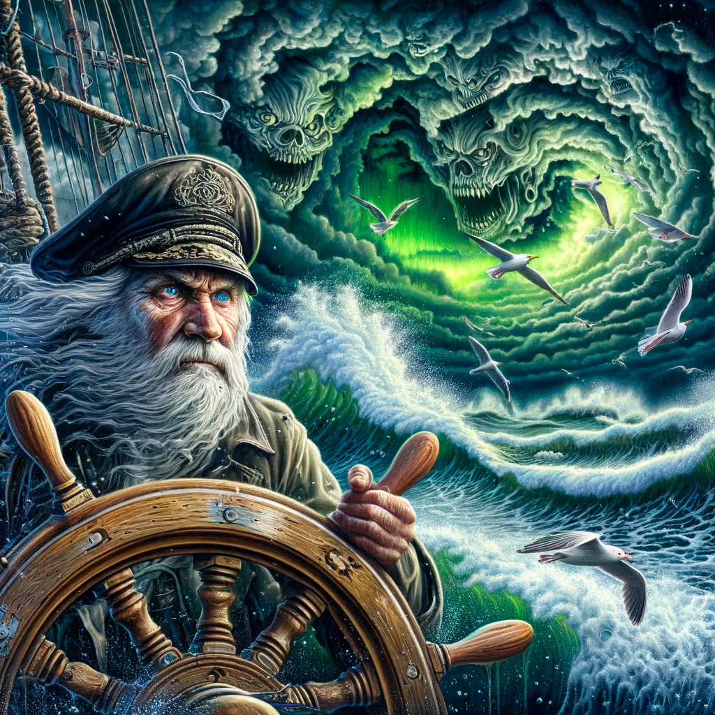 Dall-e 3: A detailed oil painting of an old sea captain, steering his ship through a storm. Saltwater is splashing against his weathered face, determination in his eyes. Twirling malevolent clouds are seen above and stern waves threaten to submerge the ship while seagulls dive and twirl through the chaotic landscape. Thunder and lights embark in the distance, illuminating the scene with an eerie green glow.