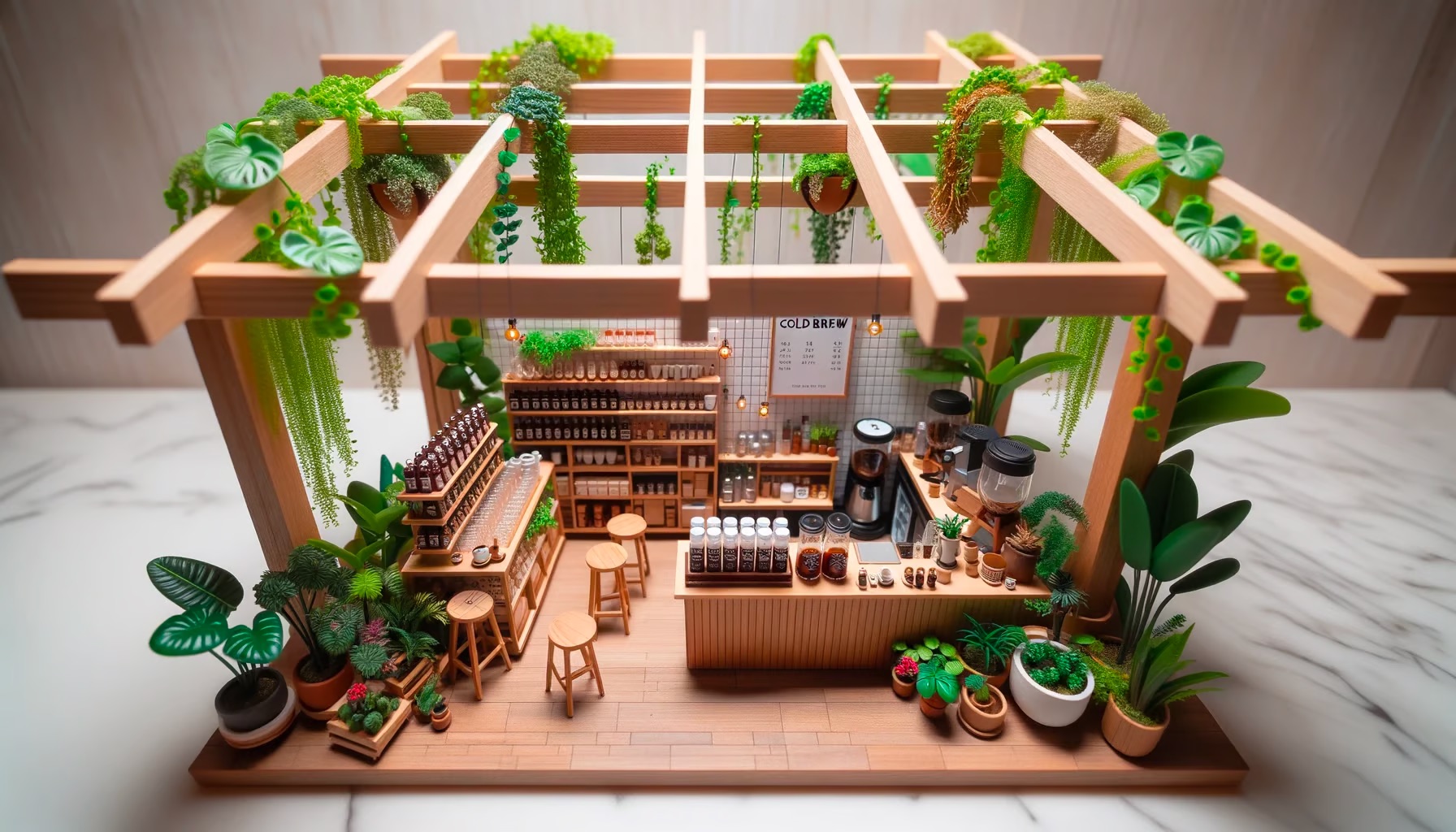 Dall-e 3: A minimap diorama of a cafe adorned with indoor plants. Wooden beams crisscross above, and a cold brew station stands out with tiny bottles and glasses.