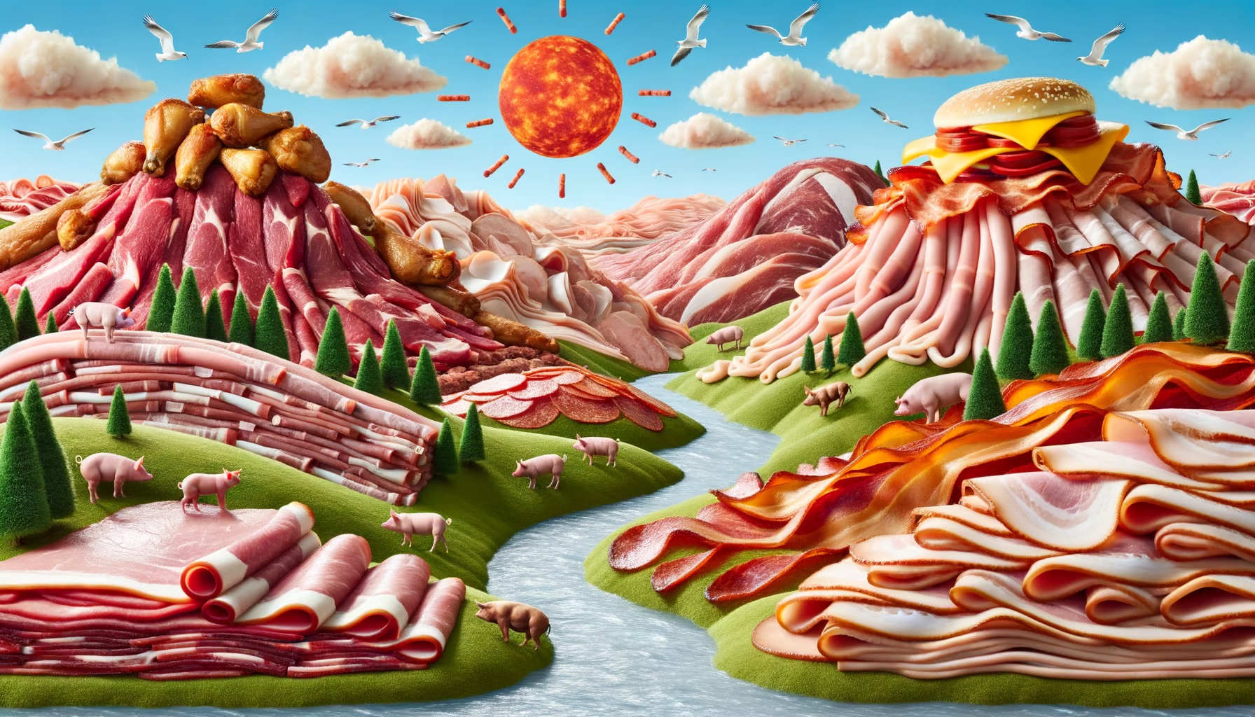 Dall-e 3: A vast landscape made entirely of various meats spreads out before the viewer.Tender, succulent hills of roast beef, chicken drumstick trees, bacon rivers, and ham boulders create a surreal, yet appetizing scene. the sky is adorned with pepperoni sun and salami clouds.