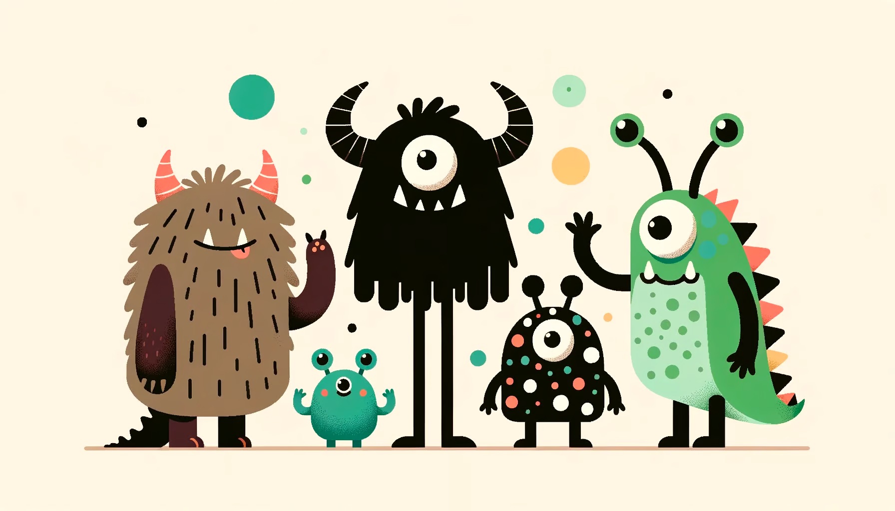 Dall-e 3: Illustration in various styles of a diverse family of monsters. The group includes a furry brown monster, a sleek black monster with antennas, a spotted green monster, and a tiny polka-dotted monster, all interacting in a playful environment.