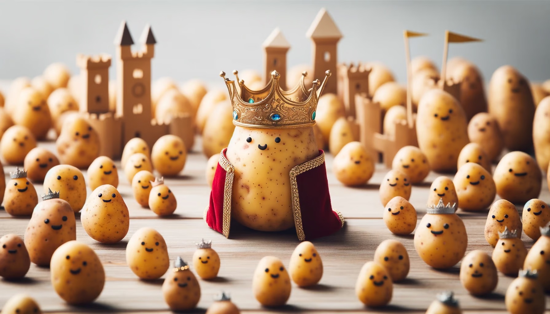 Dall-e 3: Tiny potato kings wearing majestic crowns, sitting on thrones, overseeing their vast potato kingdom filled with potato subjects and potato castles.