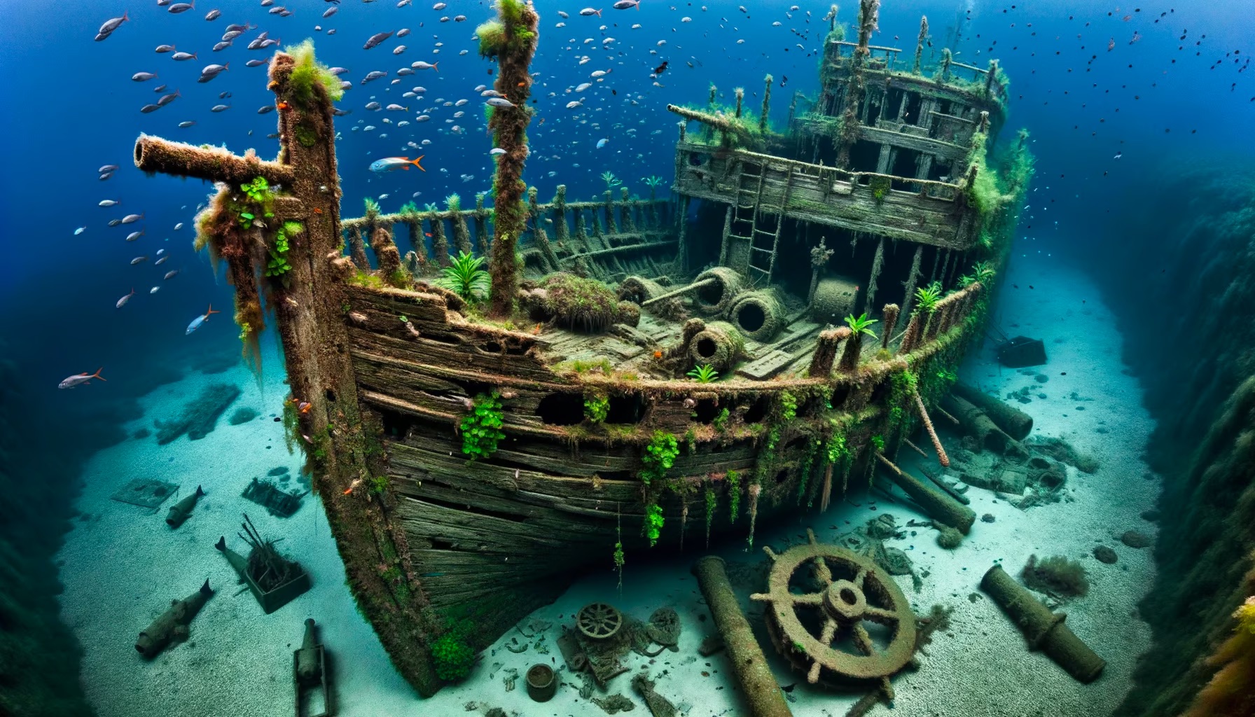 Dall-e 3: A photo of an ancient shipwreck nestled on the ocean floor. Marine plants have claimed the wooden structure, and fish swim in and out of its hollow spaces. Sunken treasures and old cannons are scattered around, providing a glimpse into the past.