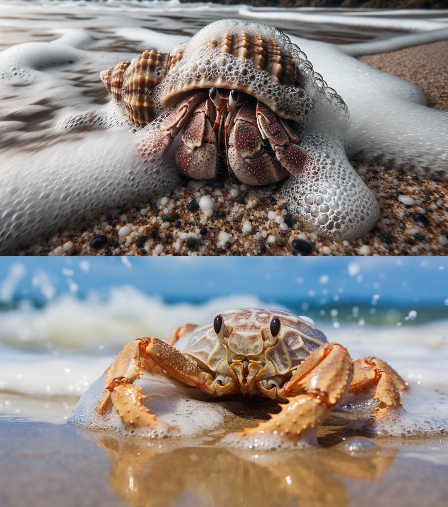 DALL-E 3 (top) vs Midjourney (bottom): Close-up photograph of a hermit crab nestled in wet sand, with sea foam nearby and the details of its shell and texture of the sand accentuated.