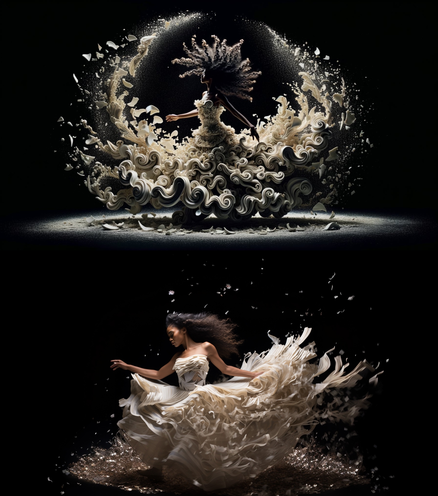DALL-E 3 (top) vs Midjourney (bottom): In front of a deep black backdrop, a figure of middle years, her Tongan skin rich and glowing, is captured mid-twirl, her curly hair flowing like a storm behind her. Her attire resembles a whirlwind of marble and porcelain fragments. Illuminated by the gleam of scattered porcelain shards, creating a dreamlike atmosphere, the dancer manages to appear fragmented, yet maintains a harmonious and fluid form.