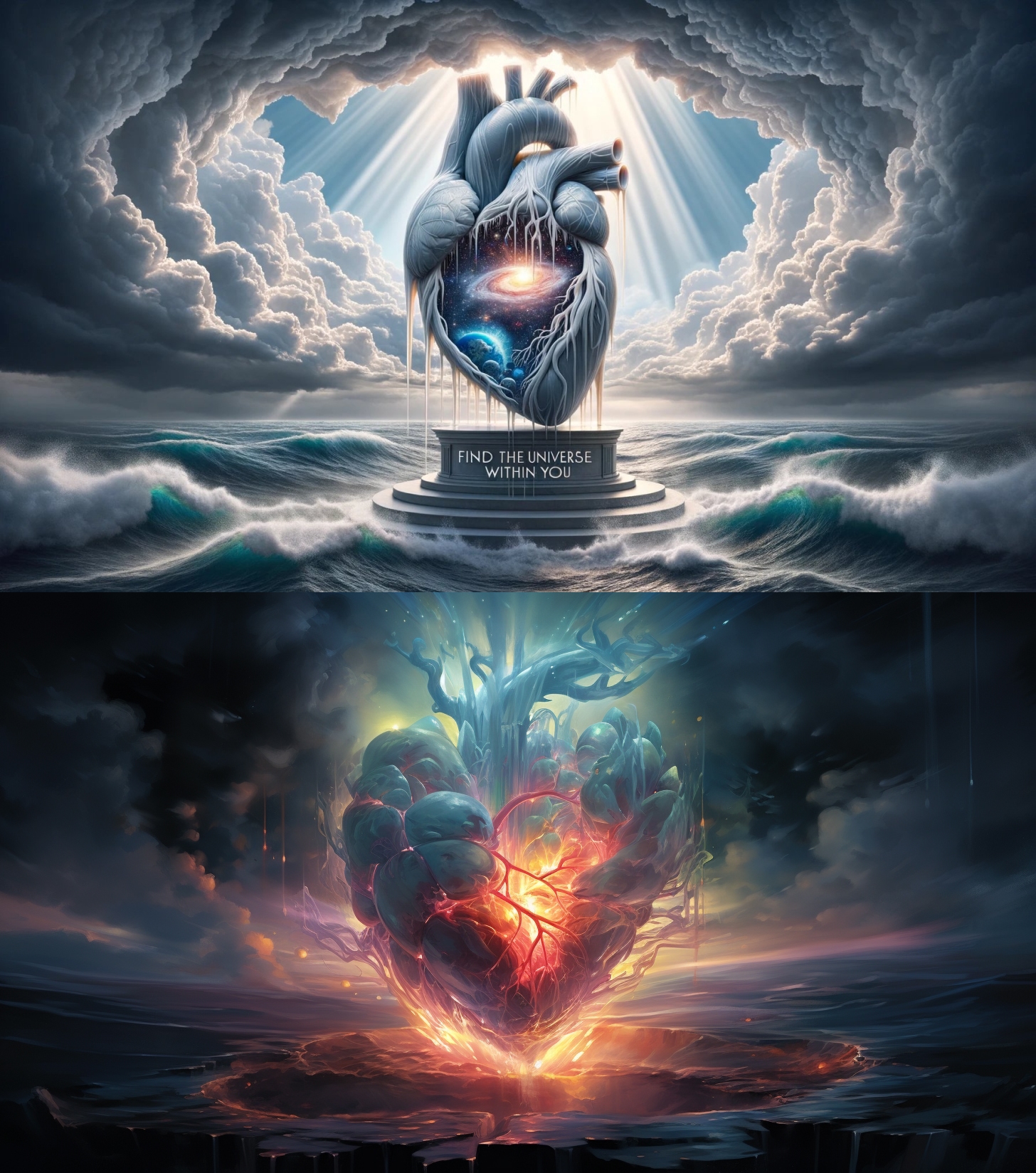 DALL-E 3 (top) vs Midjourney (bottom): An illustration of a human heart made of translucent glass, standing on a pedestal amidst a stormy sea. Rays of sunlight pierce the clouds, illuminating the heart, revealing a tiny universe within.