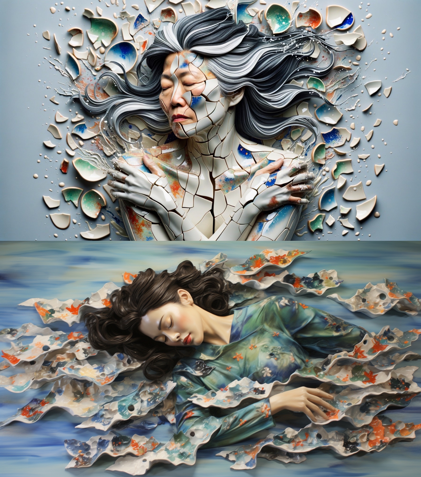 DALL-E 3 (top) vs Midjourney (bottom): A middle-aged woman of Asian descent, her dark hair streaked with silver, appears fractured and splintered, intricately embedded within a sea of broken porcelain. The porcelain glistens with splatter paint patterns in a harmonious blend of glossy and matte blues, greens, oranges, and reds, capturing her dance in a surreal juxtaposition of movement and stillness. Her skin tone, a light hue like the porcelain, adds an almost mystical quality to her form.